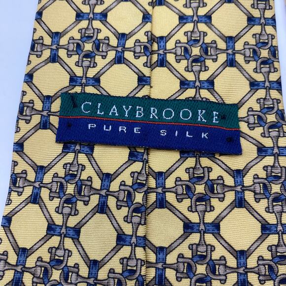 Claybrooke Men's Pure Silk Tie Necktie Yellow Horseshoe Geometric Barn Wedding - Picture 5 of 7